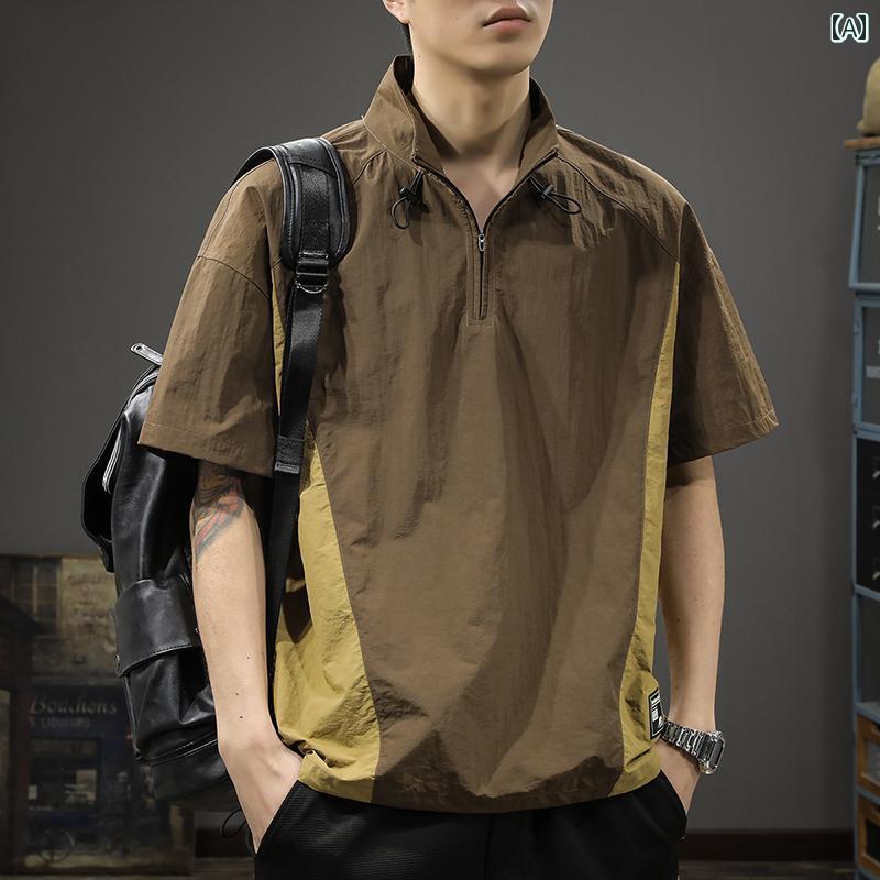 大きいサイズ ポロシャツ アメリカン ハーフジッパー 半袖 Tシャツ メンズ 薄手 冷感 半袖 シャツ 速乾 コントラストカラー 都会的 レジャー