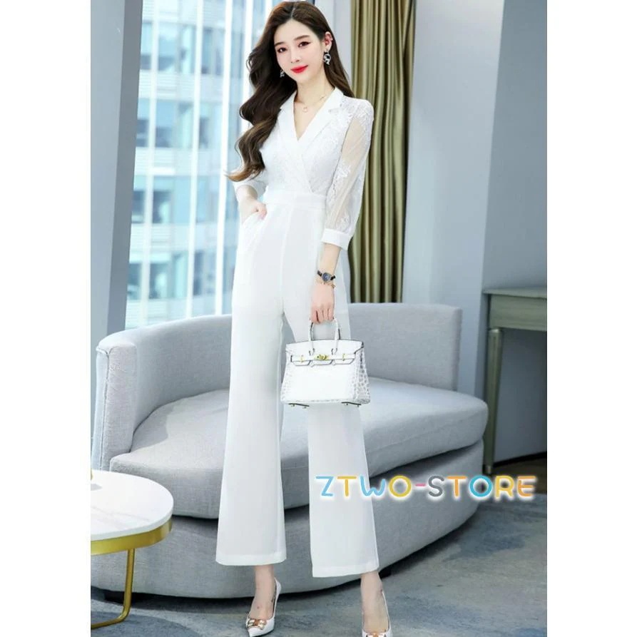 パンツドレス かっこいい パーティードレス 結婚式 お呼ばれドレス パンツ オールインワン レディース 大きいサイズ 3L 七分袖 袖あり 黒 白 レース袖 シアー袖