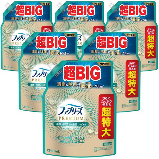 ファブリーズ 消臭スプレー PREMIUM 消臭+除菌成分最高レベル配合 衣類・布製品用消臭剤 清潔なランドリーの香り 詰め替え 超特大 1240mL×6袋 [ケース品]