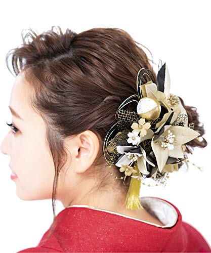 [] (ソウビエン) 髪飾り 成人式 卒業式 3点セット ゴールド 白 黒 桜 レース 玉飾り 水引 房飾り コーム式 Uピン式 日本製
