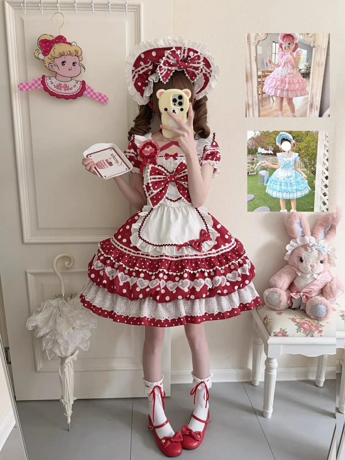 【新作登場 最安値】エプロン付きロリータワンピース 半袖ワンピース 可愛いロリータ服 ドット 水玉柄 リボン フリル レトロ 膝丈 学園祭 文化祭 舞台衣装 プリンセスライン 人コスチューム ゴスロリ