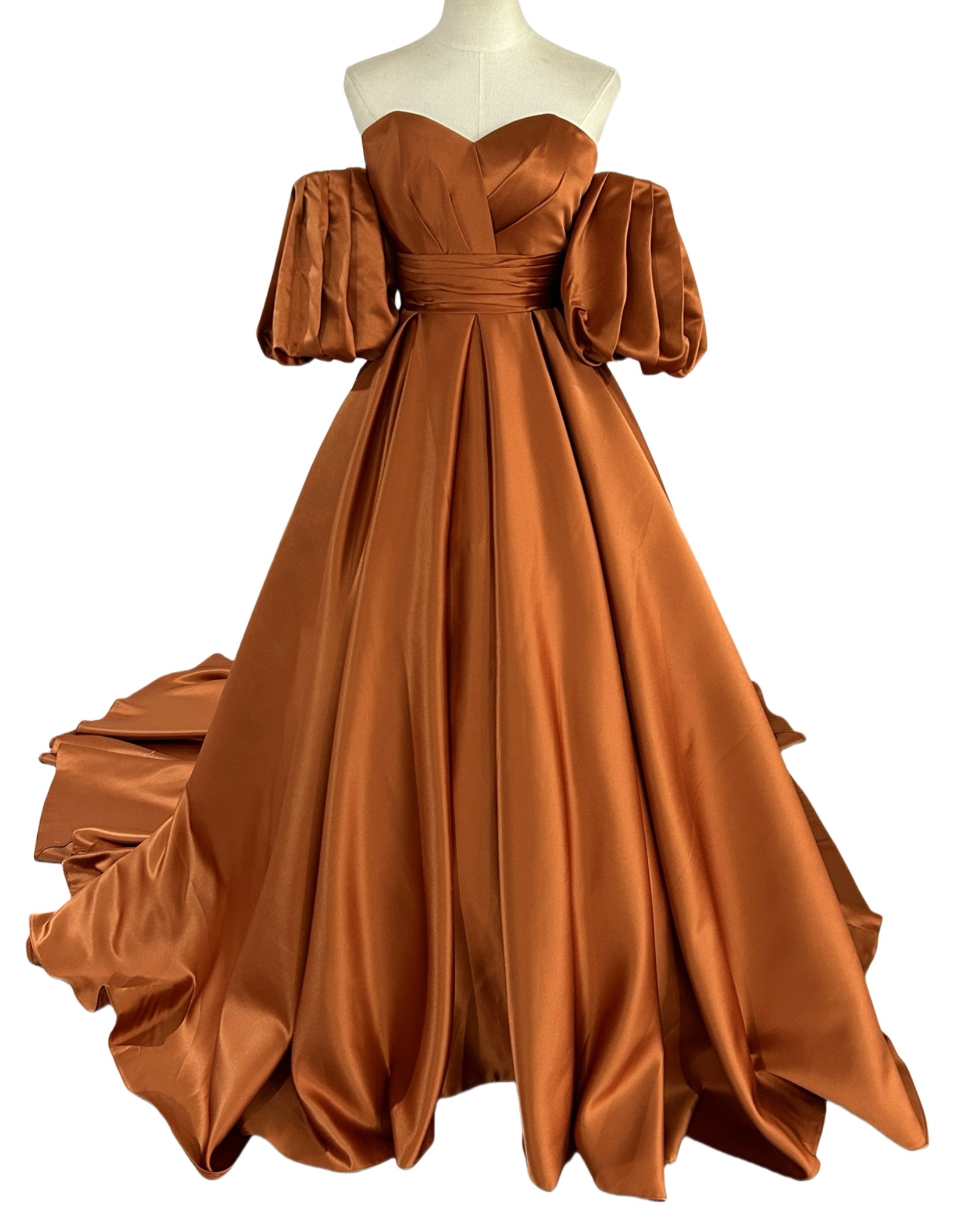 カラードレス テラコッタ色 光沢サテン ベアトップ 取り外し袖 エレガント 花嫁