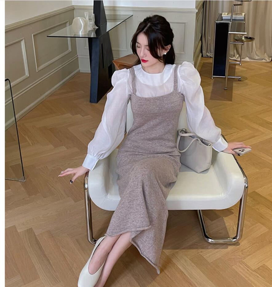 服韓系優しい軽熟風白シャツニットキャミソールワンピース2点セット