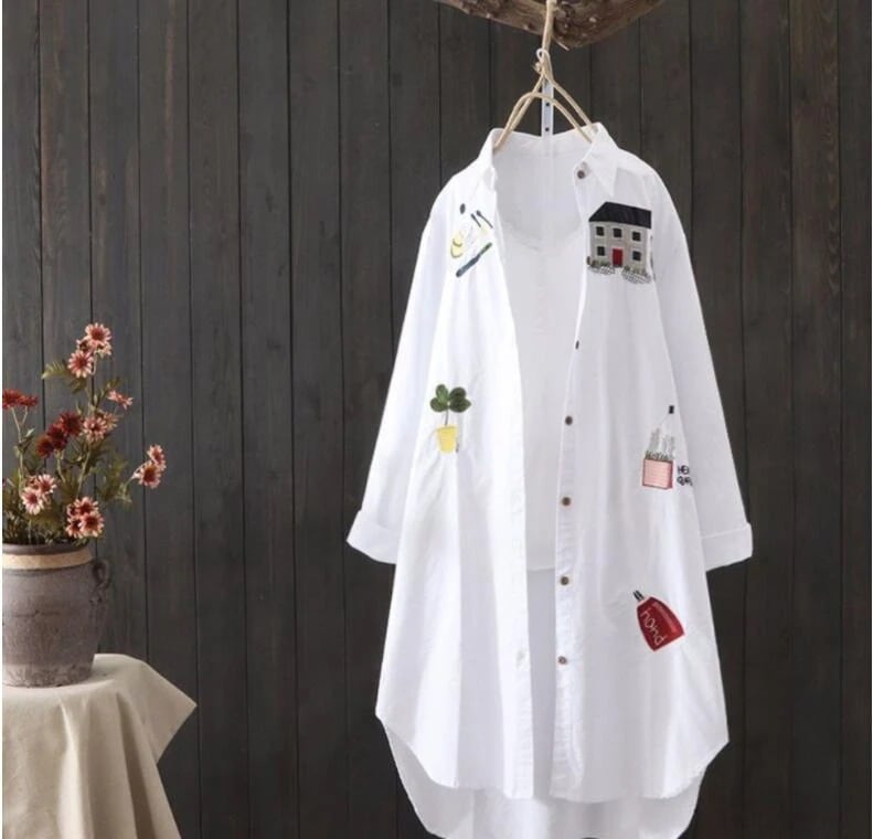 の新作文芸刺繍ゆったりミディアム日焼け止めブラウス女性韓国版コットンカジュアルシャツ