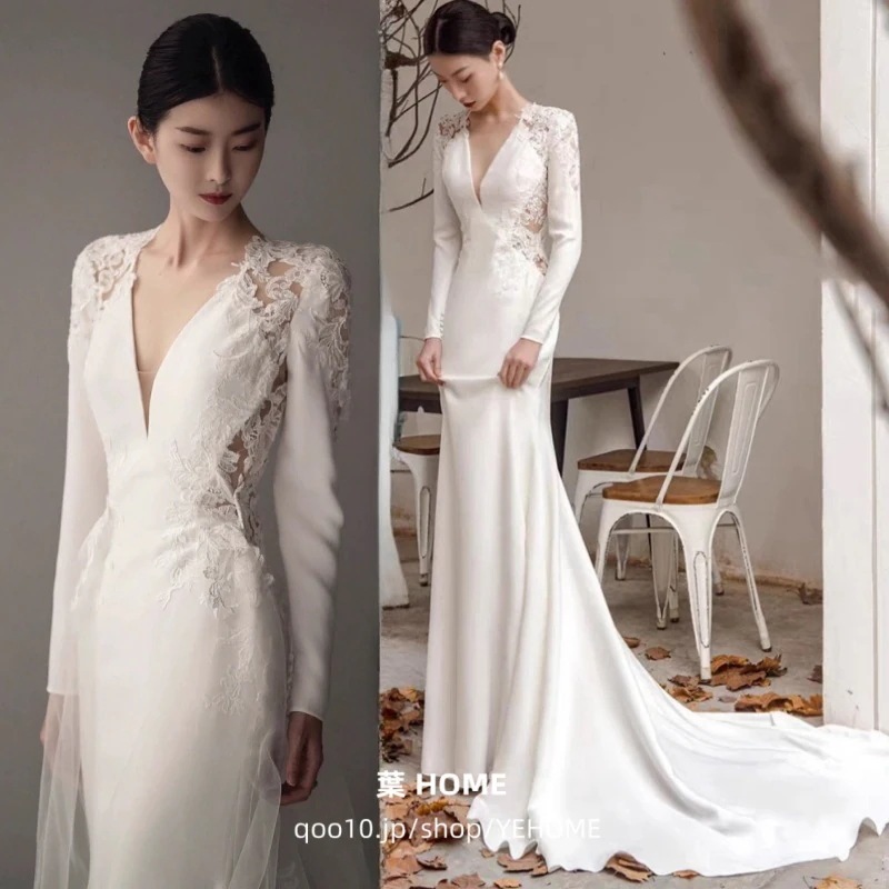 ウエディングドレス 長袖パーティードレス白 結婚式 ドレス Vネック 二次会 花嫁 フォトウエディング ビーチフォト 前撮り 後撮り 披露宴 トレーンドレス Aライン 演奏会 発表会
