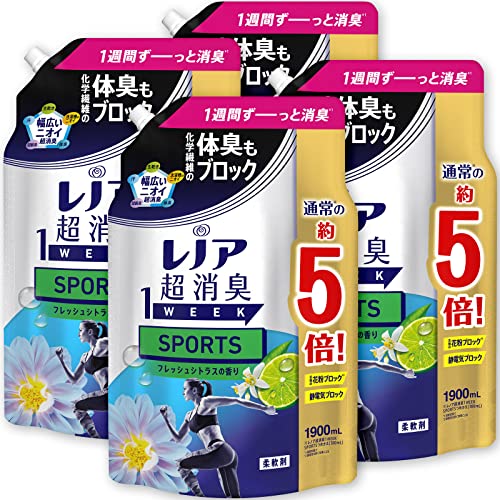 [ケース販売] レノア 超消臭1week 柔軟剤 SPORTS フレッシュシトラス 詰め替え 大容量 1,900mL x4袋