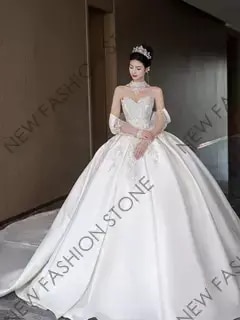 ウェディングドレス2024新型高級質感フレンチレトロ胸ぬぐいウェディングドレス-40