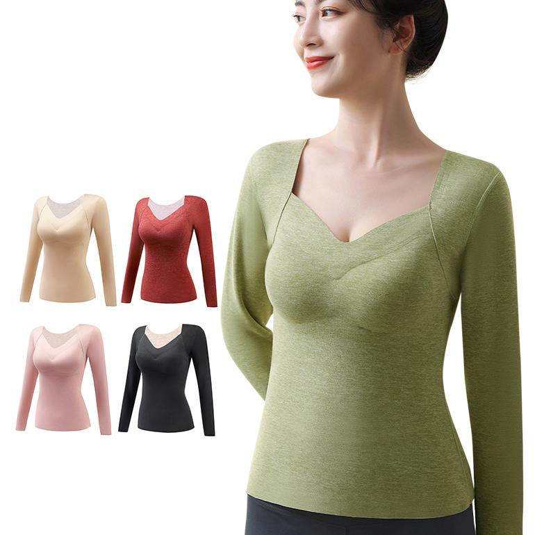 【即納】長袖Ｔシャツ カップ付き 吸湿発熱 暖かい ウール シルク 混紡 保温 秋 冬 防寒 裏起毛 インナー レディース M L XL XXL 伸縮性 通気 無地