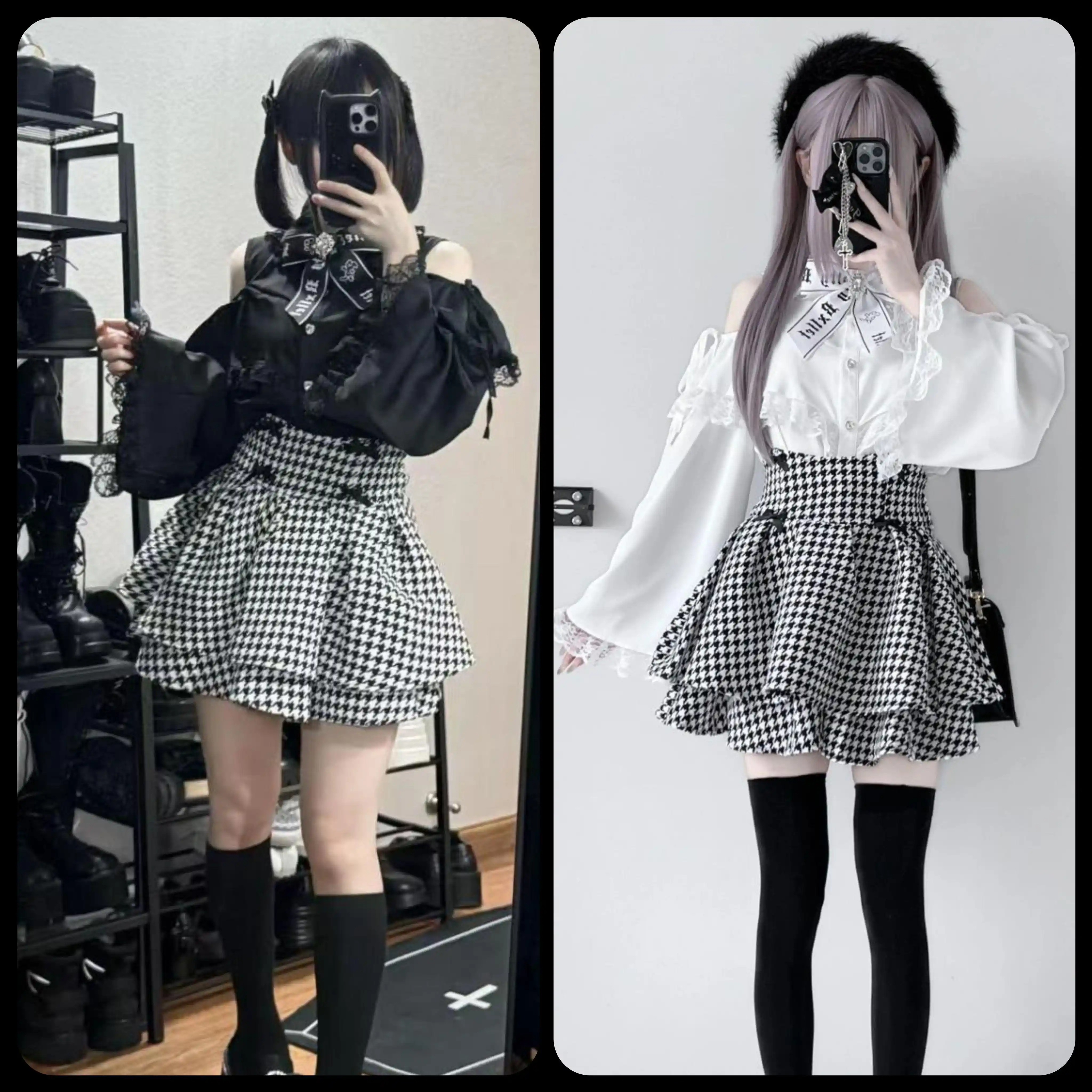 【送.料.無.料.急速発送】レースレースレース肩出し長袖シャツ千鳥格子ハイウエストスカート2点セット 5,121円