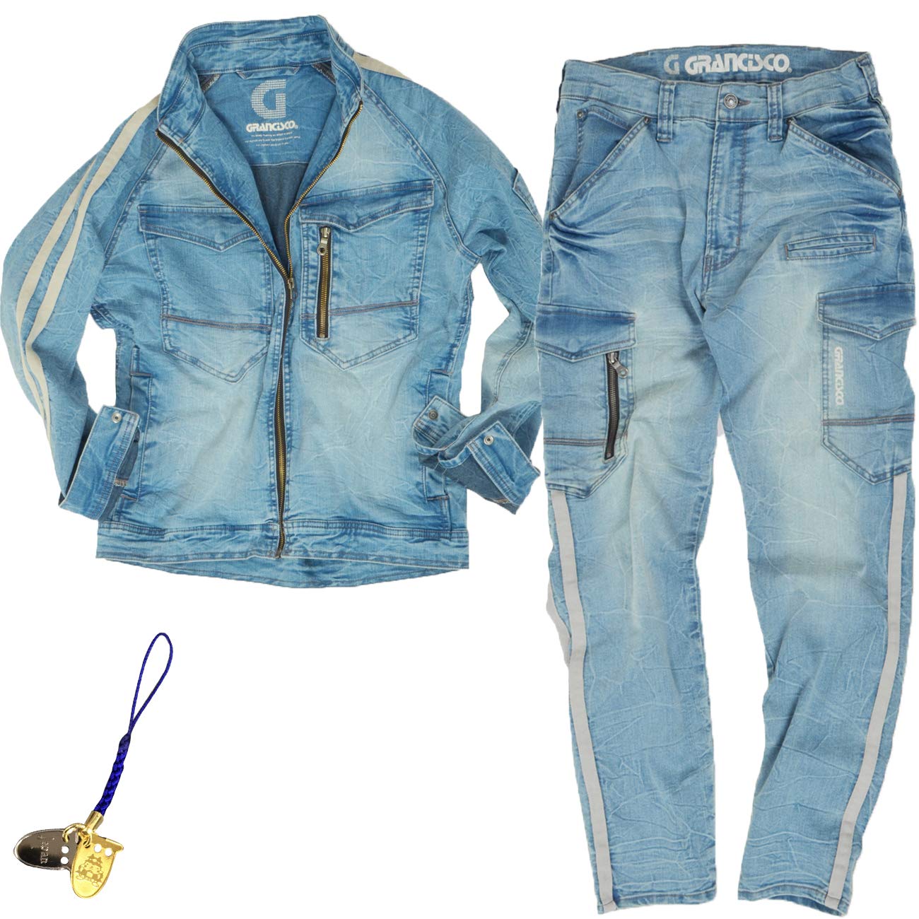 [武蔵野ユニフォーム] 上下セット 作業服 デニムジャケット ストレッチ スキニーデニム グランシスコ 作業着 タカヤ商事 オールシーズン こはぜストラップ付028-GCA800-GCA812-ス