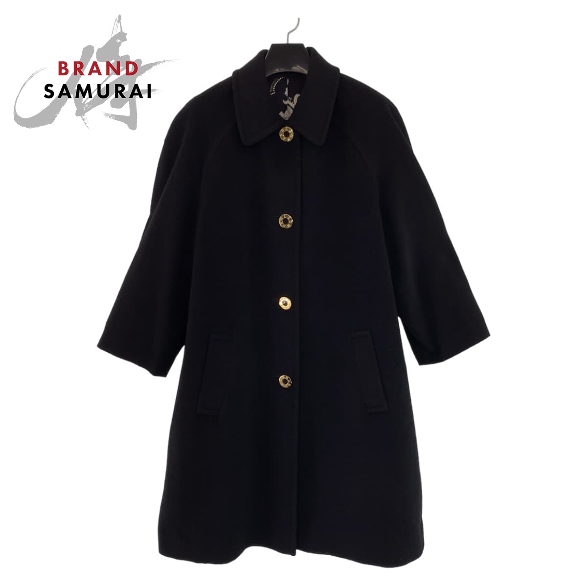 美品 11AR ブラック 黒 ゴールド金具 カシミヤ ステンカラーコート ロングコート 花柄 レディース 406263 25,056円