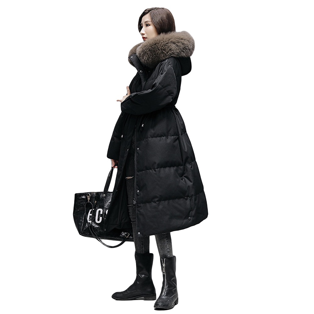ロングダウンコート　レディース　ダウン90％　ドロスト　サイドスリット　防寒　ロング丈　ラクーンファー　アウター　暖かい　フード付き　大きいサイズ