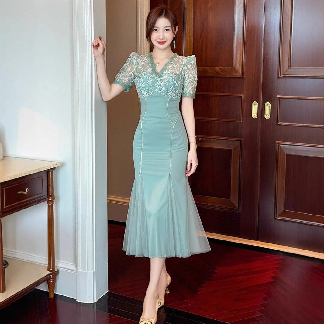 マーメイドドレス パーティードレス ロングワンピース オケージョンドレス 透け感 華やか 上品 イブニングドレス 絶妙な エレガント 春 夏 秋 レース チュール 結婚式 二次会 お呼ばれ カクテルド