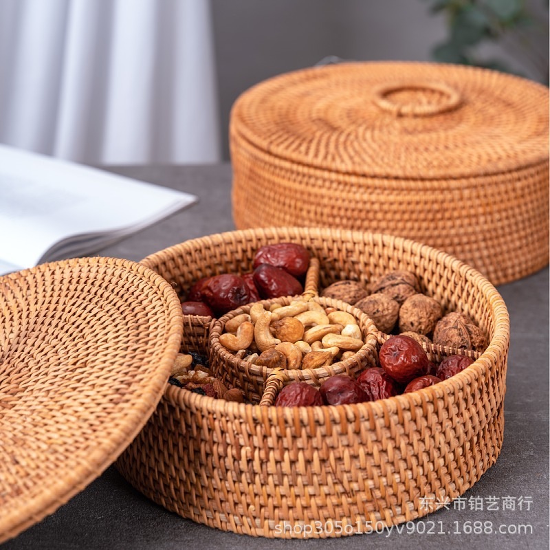 藤編みドライフルーツ皿 リビング四枠ナッツケース 卓上茶菓子お菓子丸型収納籠