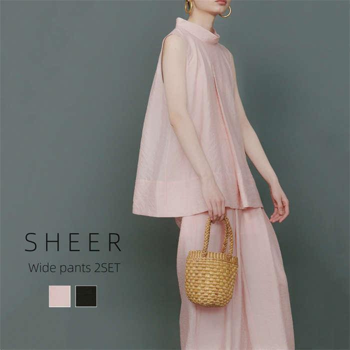 【急速発送 】セットアップ レディース 夏 春 パンツドレス ワイドパンツ カットソー ノースリーブ ロング きれいめ ハイウェスト ゆったり ひんやり 涼しい シアー 着痩せ
