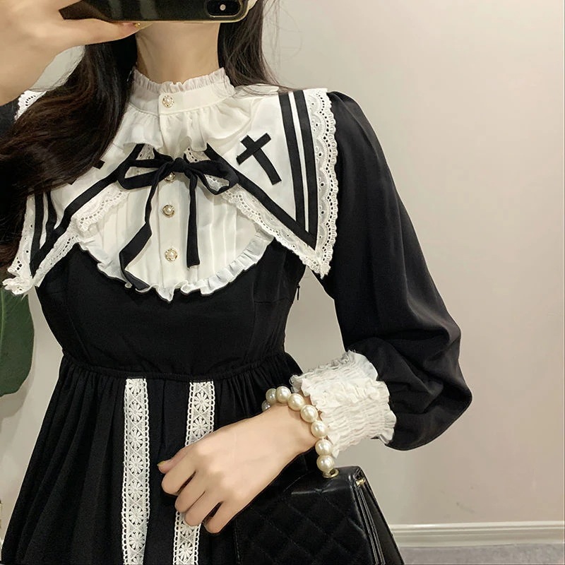 メイド服 可愛い 二次元 レトロな黒スカートネイビー襟フリルスカート優しげガーリースカート長袖プリンセスワンピース 文化祭