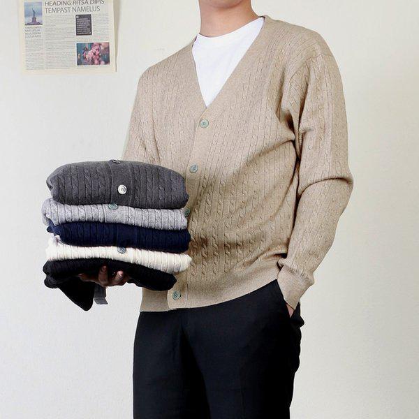 メンズ ケーブル編みカーディガン ケーブルニット シルケット ビスコース Vネック 男女共用_ATCA04