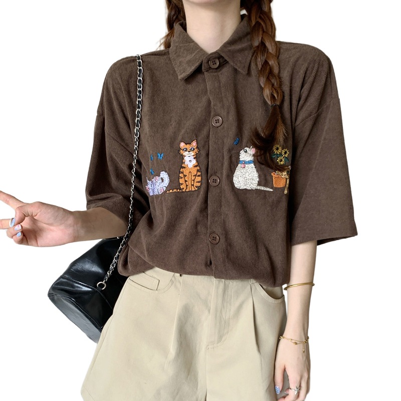 可愛い コーデュロイシャツ レディース 半袖 ドールシャツ ルーズフィット トップス