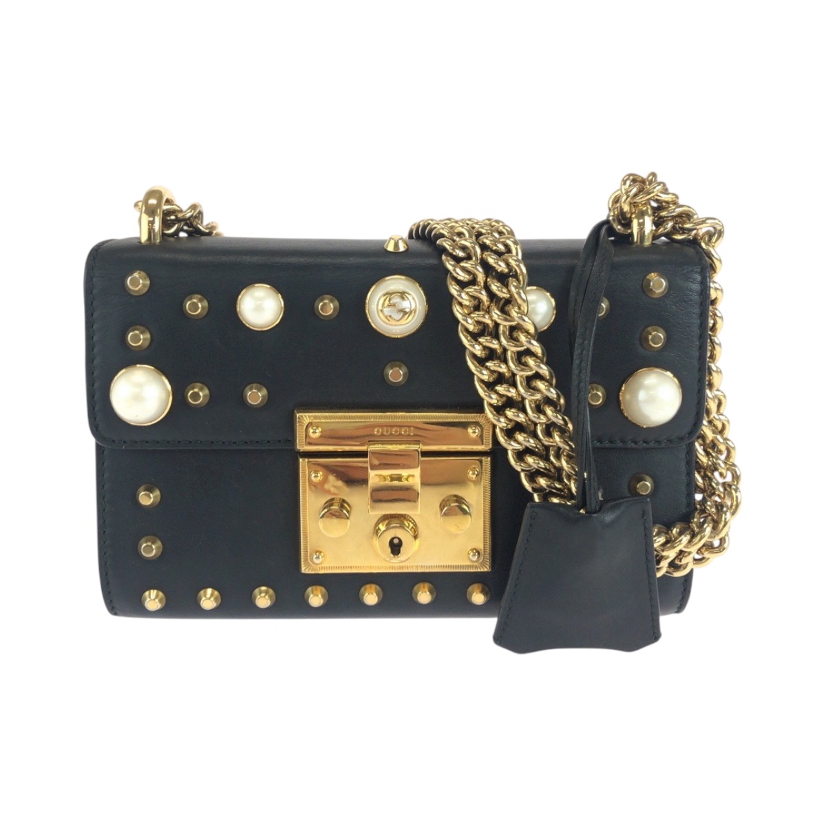 美品 スタッズ パール ブラック 黒 ゴールド金具 レザー 432182 チェーンショルダーバッグ ポシェット レディース 503253