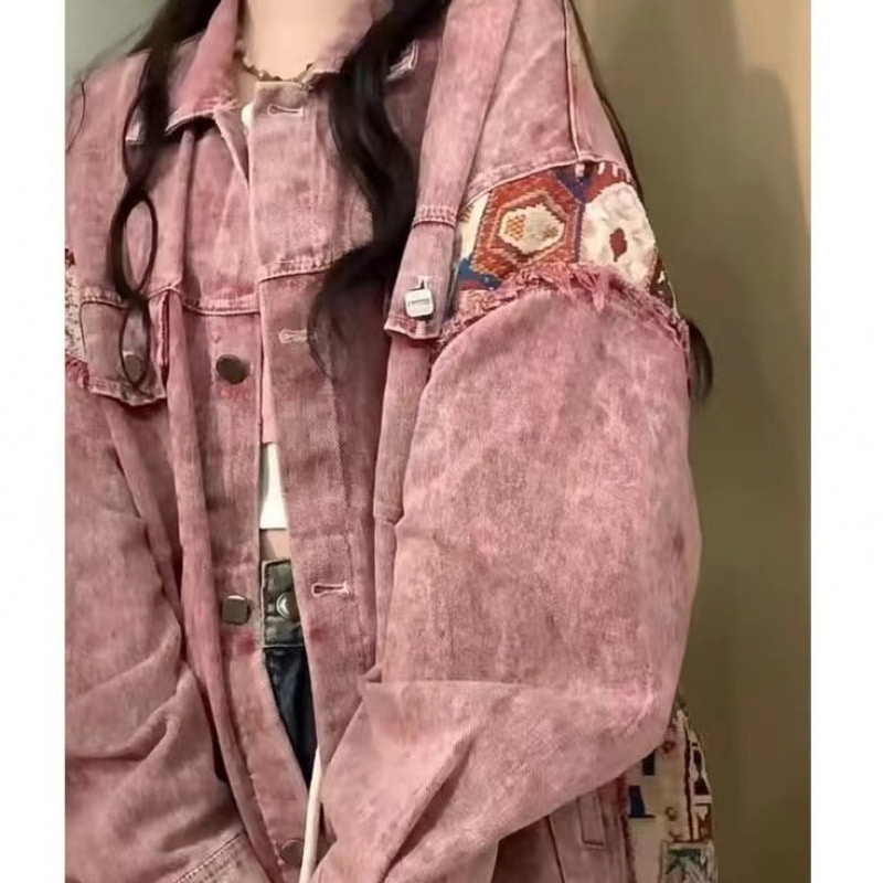 春のアメリカンレトロなダーティピンクデニムジャケット女性用デザインエスニックスタイルステッチウォッシュデニム
