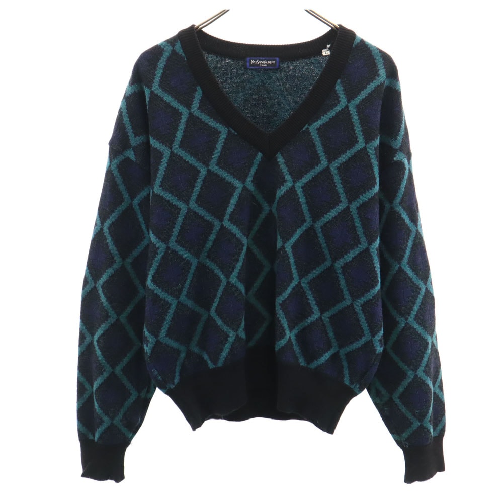 YVES SAINT LAURENT tricots イヴサンローラントリコット 90s オールド ウールブレンド モヘア混 アーガイル柄 長袖 Vネック セーター L ネイビー メンズ 古着