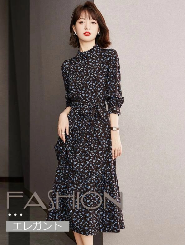 【年中キャンペ一ン】きれいめ ミモレ丈ワンピース 長袖シフォンワンピース レディース 春秋 ロングワンピース Aライン 通勤 入園式 卒業式 カジュアル シンプル