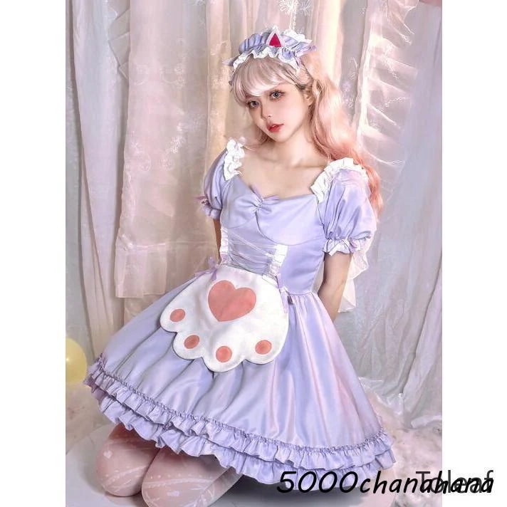 メイド服 紫 可愛いロリータワンピース メイド服 コスチューム ショート丈 パープル ロリータ服 コスプレ衣装 [本日のセール]大人 猫爪柄 メイド服