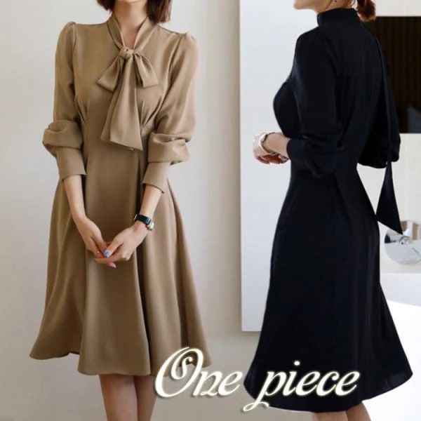 【急速出荷!】ワンピース 春物 秋服 ひざ丈 ドレス セクシー レディース Vネック 長袖 フォーマル カジュアル キレイめ おしゃれ 韓国 卒業式 服 母 着痩せ 通勤 L