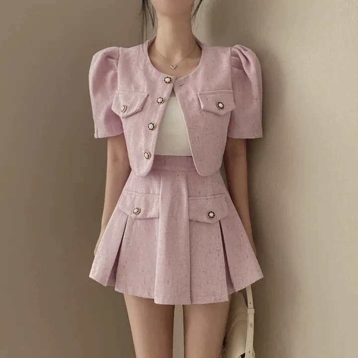 お嬢様 ショート丈 コート着+ハイウエスト プリーツスカート ットアップセ