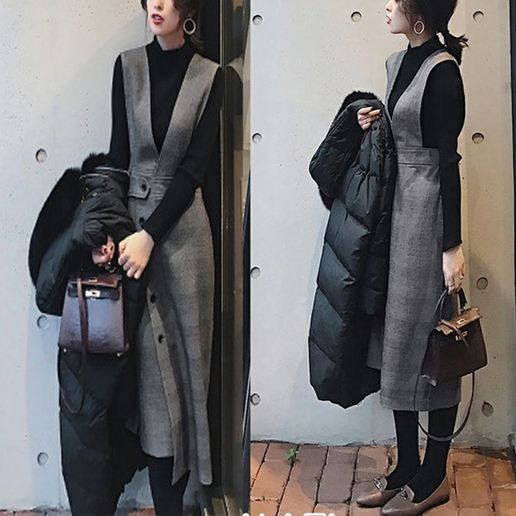 【新作】レディース ワンピース フォーマル ワンピ 膝丈 ニット ハイネック リブニット トップス ワンピース ジャンパスカート チェック トレンド オールインワン セーター ワンピース ひざ丈 M