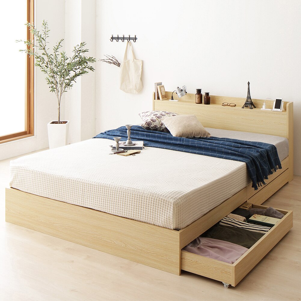 ベッド シングル ポケットコイルマットレス付き 収納付き 木製 棚付き コンセント付き シンプル カ