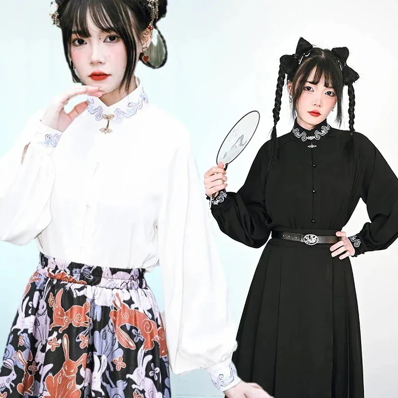 チャイナ風シャツ レディース 【卯兎】刺繍トップス ブラウス オリジナル スタンドカラー 金具ボタン 黒 白 モダン