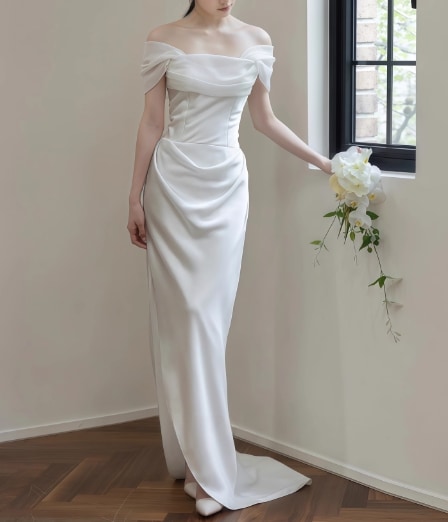 ウェディングドレス 取り外しオフショルダー 優雅なシルエット スリット 結婚式
