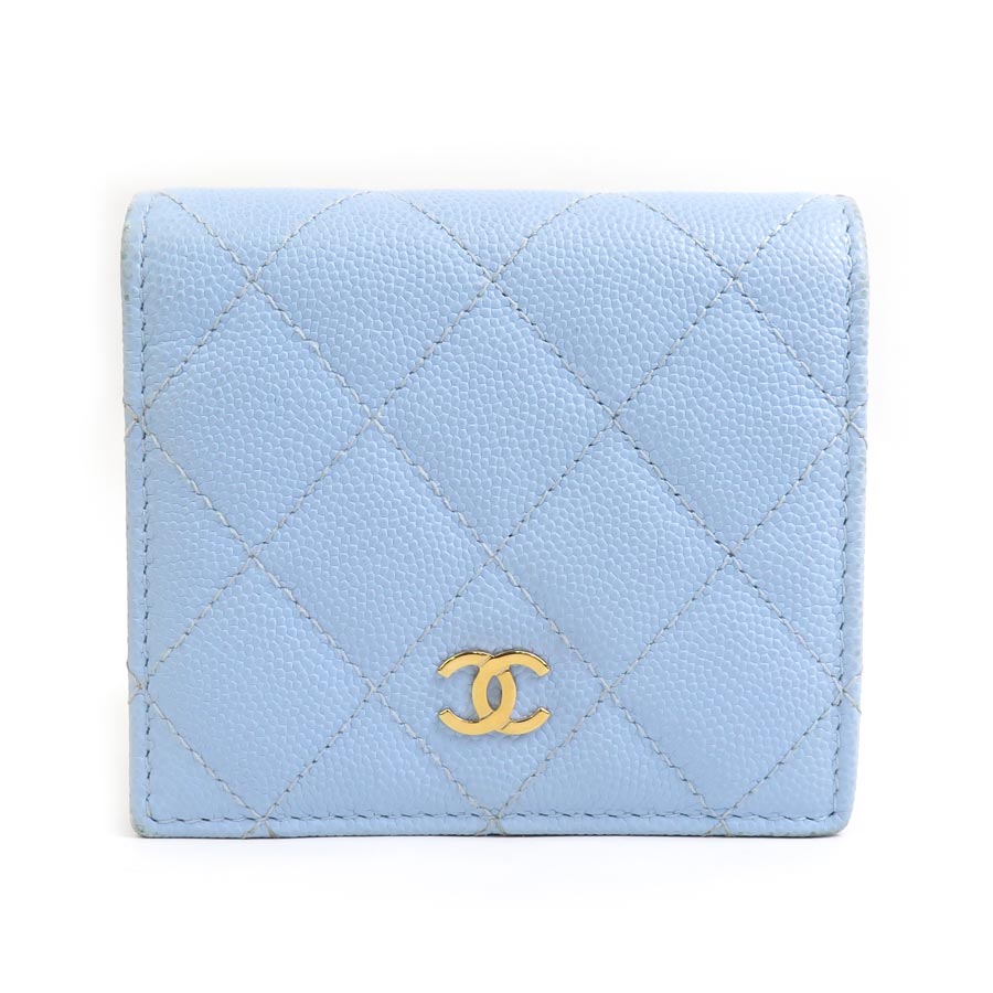 シャネル CHANEL 二つ折り財布 キャビアスキンレザー ライトブルー レディース r10302k