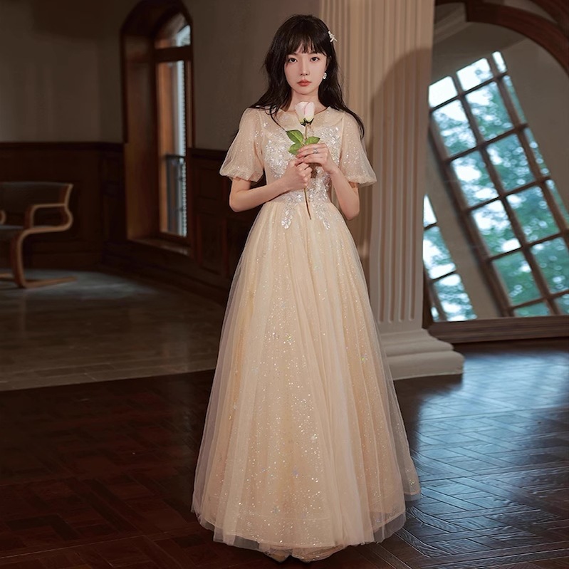 レディース ドレス パーティードレス ワンピース Aライン ふんわり袖 キュート ガーリー かわいい 大人かわいい 襟付き レース 上品 ロング丈 イエロー 黄色 結婚式 ２次会