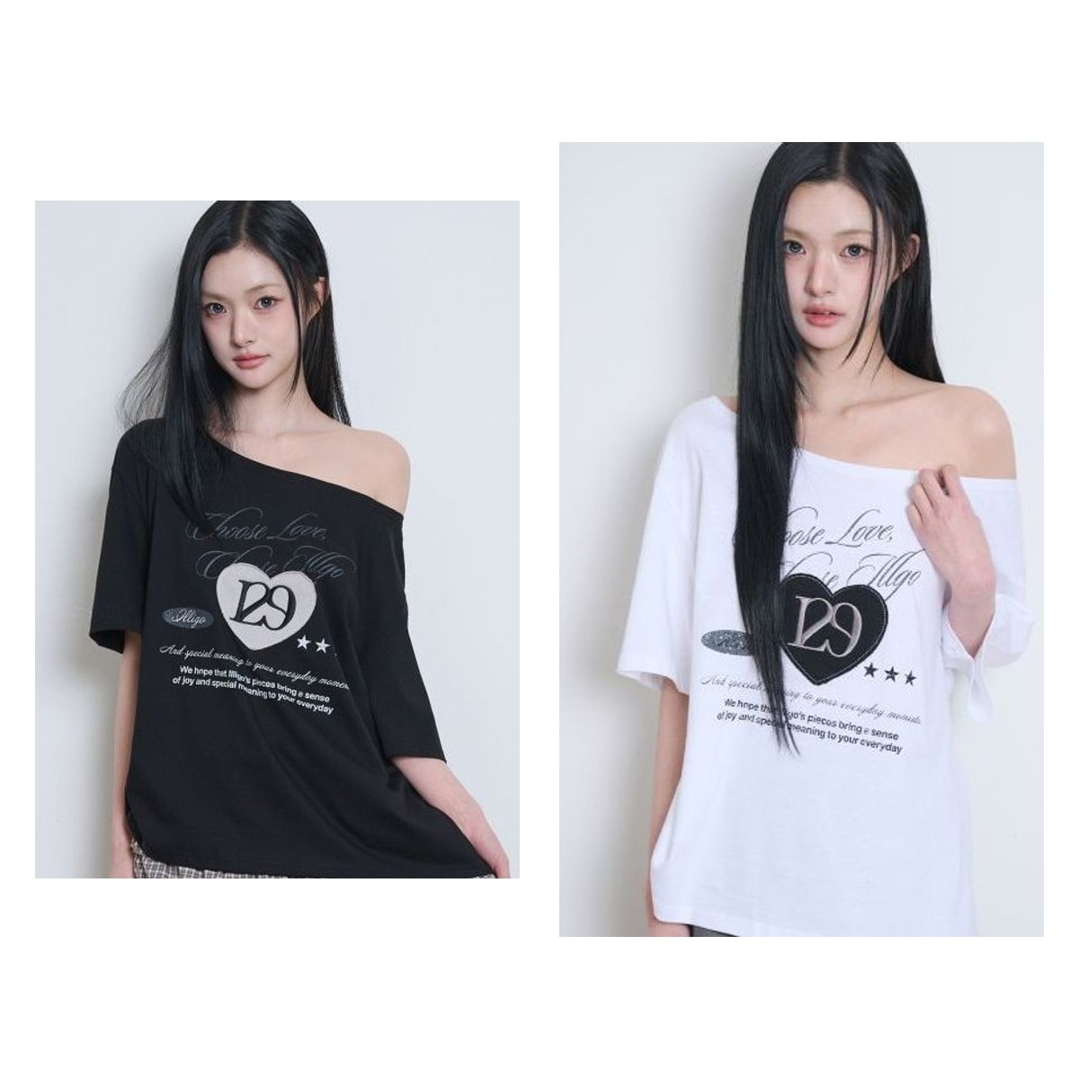【ILLIGO】 129 HEART LETTER OFF SHOULDER T-SHIRT 2色 正規品
