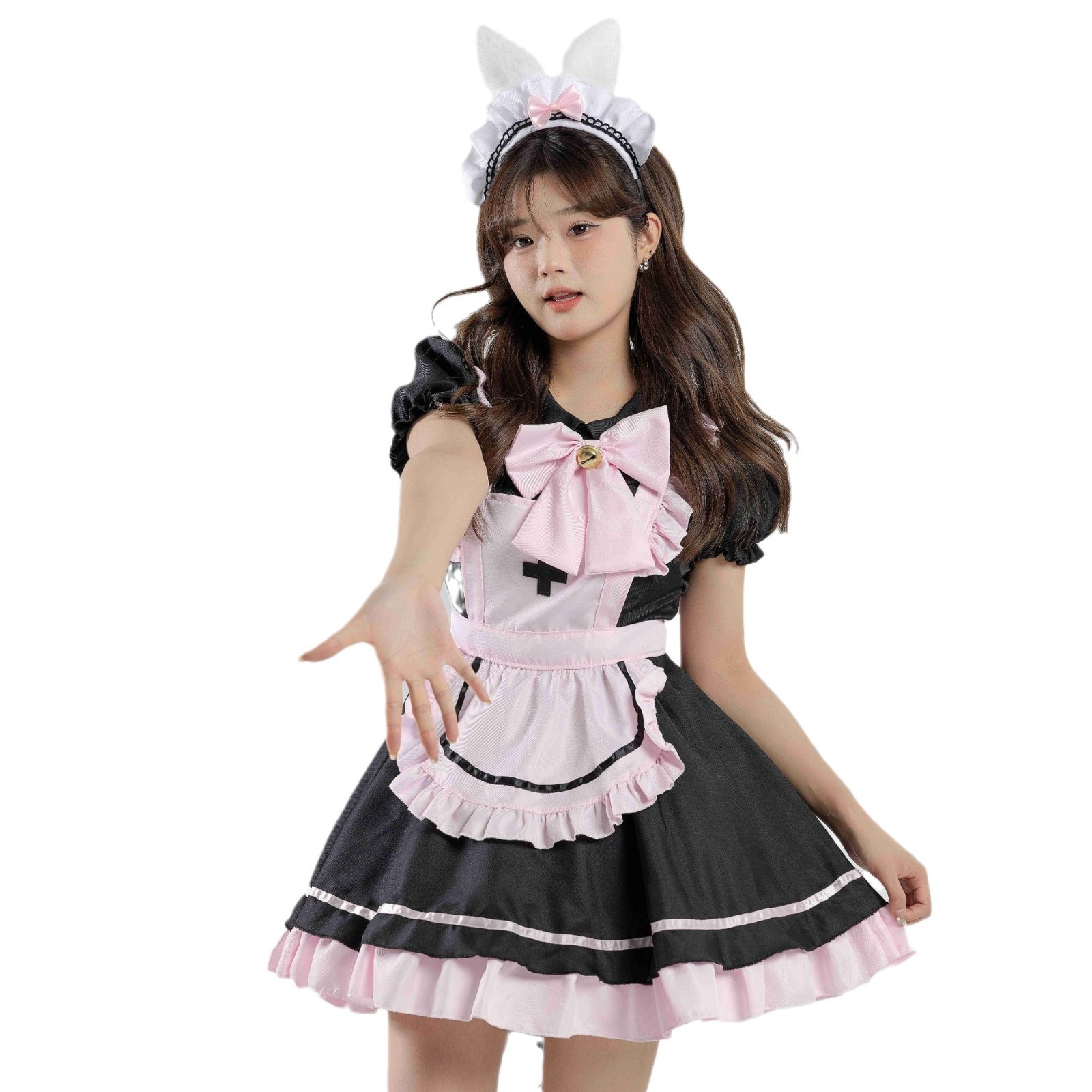 新作日系ロリータブラックピンクメイドコスプレ甘い少女可愛い猫リボン優しい女の子ワンピース