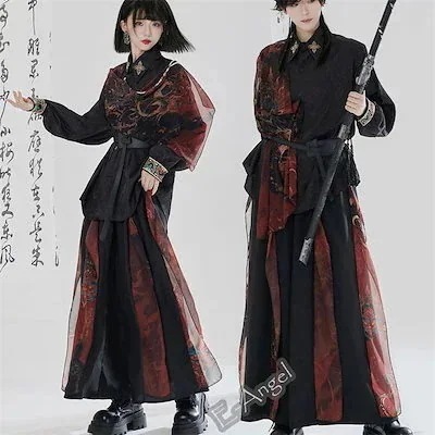 【即日発送】焔生 敦煌神鹿 中華服 ガチョウパンツ 重ね着刺繍シャツ 黒赤 コスプレ 衣装セット チャイナ 品質良い