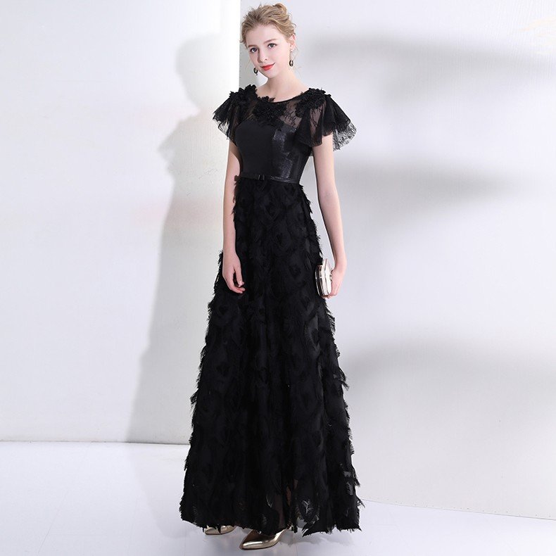 パーティードレス 袖あり 結婚式 フォーマル イブニングドレス カクテルドレス ロング 黒 カラード