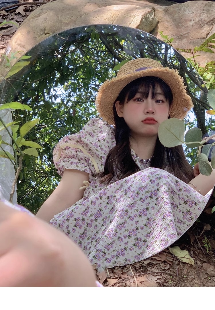 フランス 花柄 ドレス プラスサイズ ちょう結び 個性的 ワンピース 膝下 袖あり 半袖 襟なし かわいい 大人可愛い カジュアル 大人 上品 おしゃれ お洒落 ラブリー キュート ガーリー 花柄