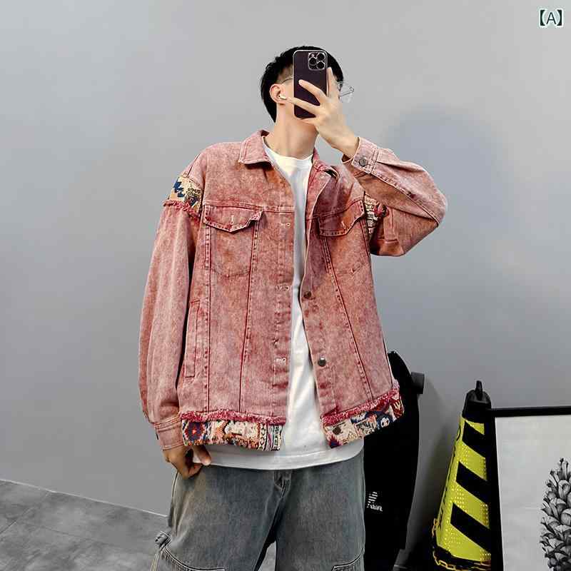 アウター メンズ カジュアル おしゃれ エスニック ロー エッジ ステッチ ウォッシュド フライド スノーフレーク ピンク ユニセックス デニムジャケット レディース 兼