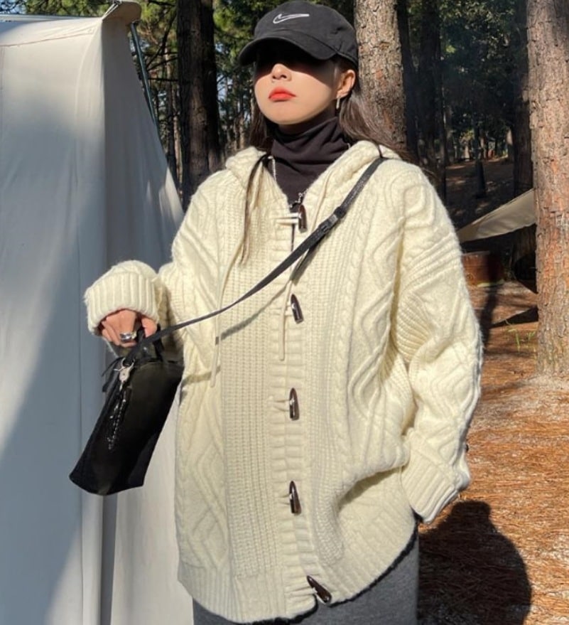 アウター デート モテアイテム カーディガン 長袖 フード付き ケーブルニット ウール 可愛い きれいめ 上品 おしゃれ かっこいい 可愛い ラブリー キュート ガーリー クール モード系