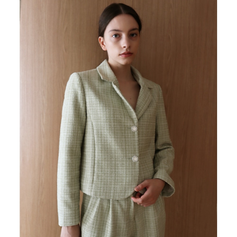DAMAGE MNEMONICツイード2グリッタークロップイエローグリーンジャケット_ Tweed2 Glitter Crop Y-GN JK
