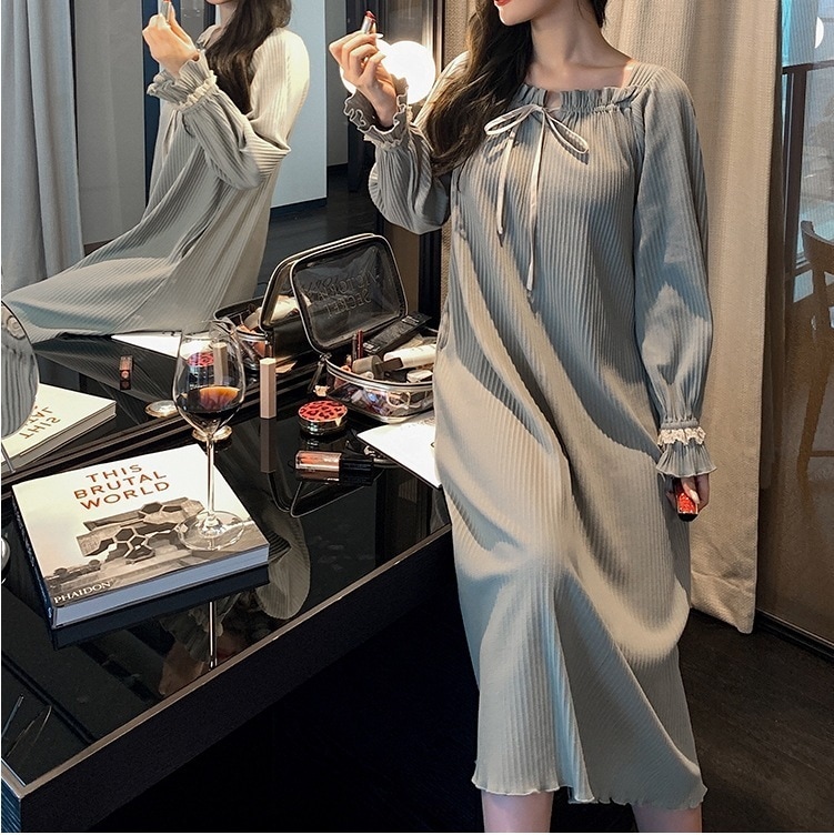 レディースパジャマ ワンピースタイプ部屋着 春秋長袖ルームウェア ゆったりルームウェア ワンピース プルオーバー オールインワン 部屋着 寝巻き ナイトウェア ロングスカート 膝下 ロング ロング丈