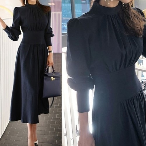 2019年秋 冬 クラシカル ハイネック ウエストリブ ワンピース ロング丈 レディース ワンピース 秋 冬 ハイネック ウエストリブ ワンピース ロング丈 クラシカル 上品 かわいい きれいめ 大人