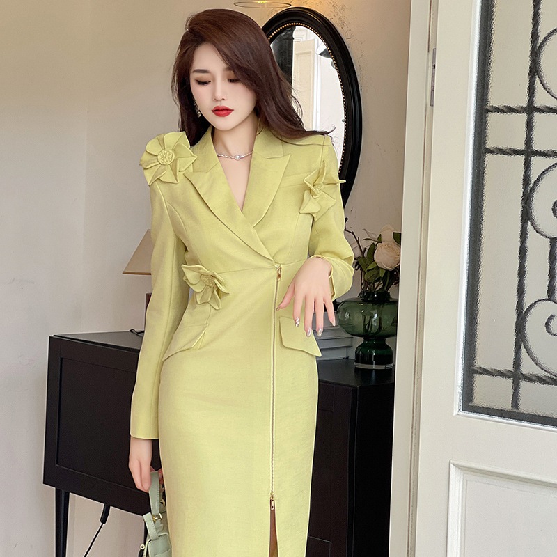 【JY.上品】 2024秋 花飾り スリット ワンピース パーティードレス 着痩せ 大人 お呼ばれ 同窓会 披露宴 卒業式 結婚式 ウェディング 二次会 成人式