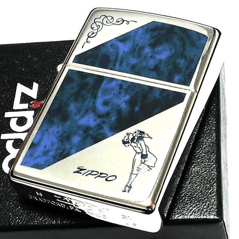 ZIPPO ライター ウィンディ マーブルガール ジッポ おしゃれ シルバー＆ブルー エッチング彫刻 可愛い かっこいい メンズ プレゼント レディース ギフト