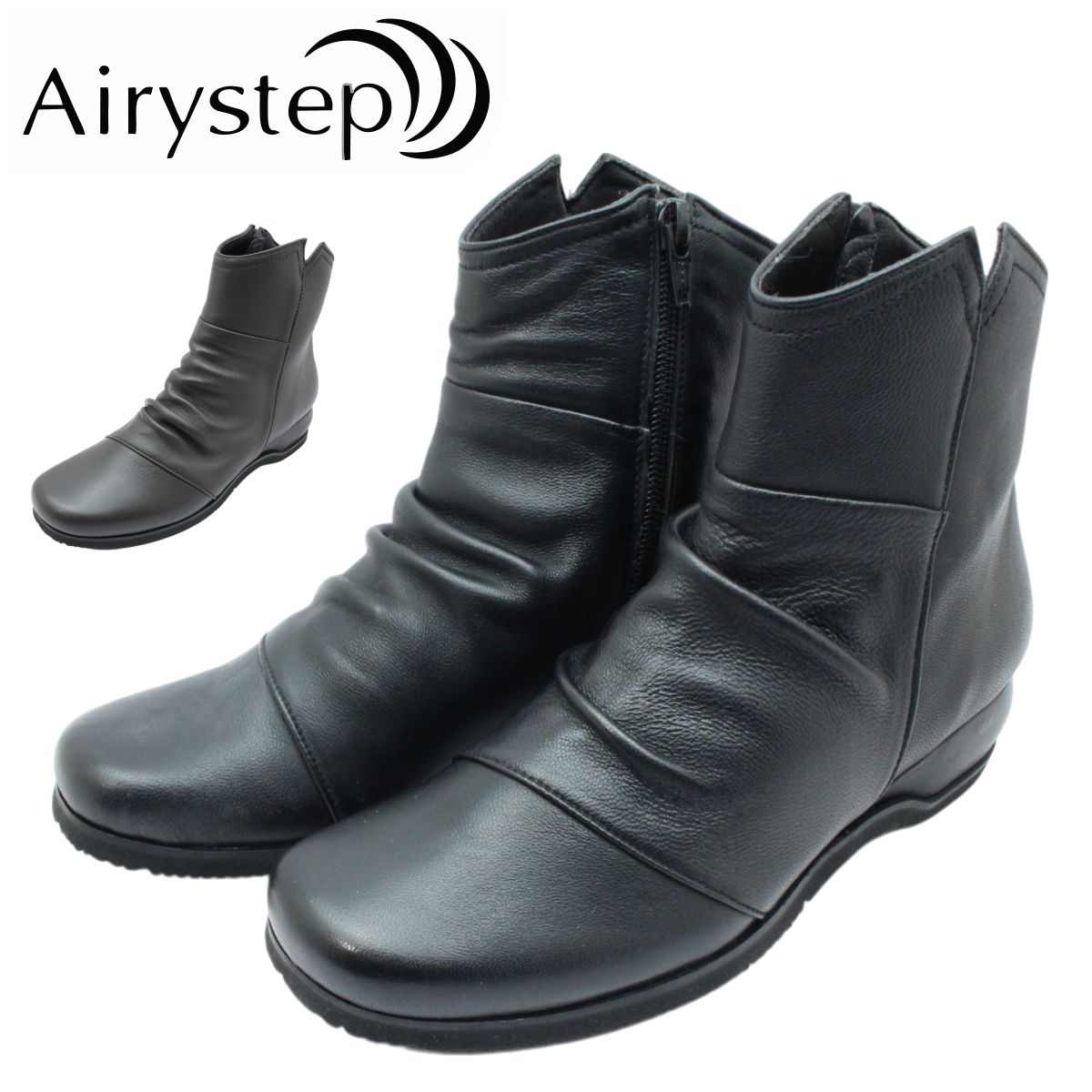 Airystep エアリーステップ レディース 1779 レザー ショートブーツ 3E 本革 ファスナー ぺたんこ