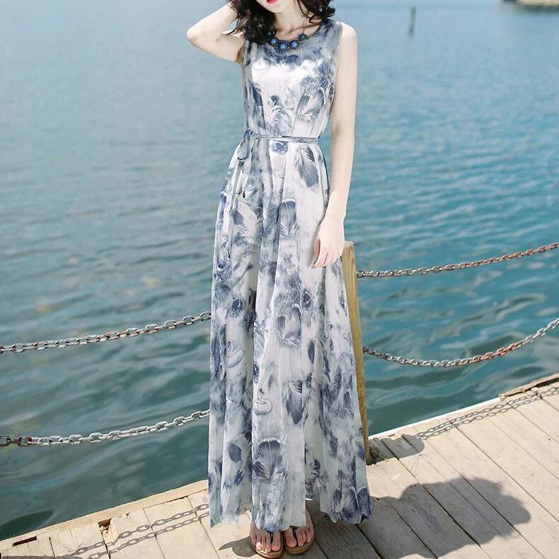 ワンピース ノースリーブ 袖なし 水墨 水彩柄 シフォン ロング マキシ丈 ロング丈 ラウンドネック Aライン ハイウエスト 腰紐 腰ひも ウエストマーク ふんわり ゆったり 大人 フェミニン
