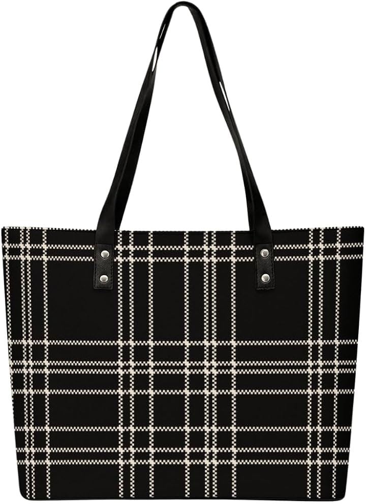 トートバッグ タータンチェック柄 カジュアル ジッパーあり お手入れ簡単なPUレザー使用 外側ポケット付き(レディッシュ ブラック, 27.8 cm x 37.7 cm x 14)